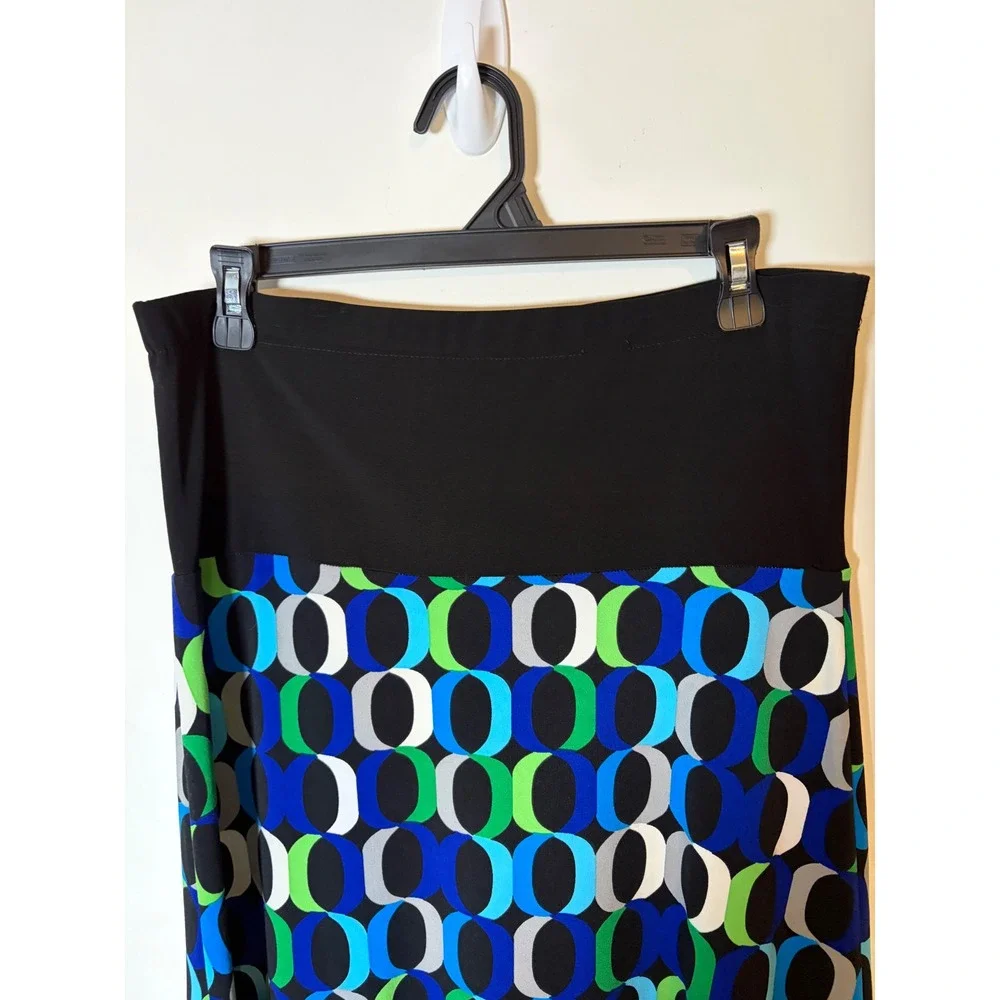 MSK Petite Geometric Print Midi Skirt Blue Green Black Mod Link Pattern PM